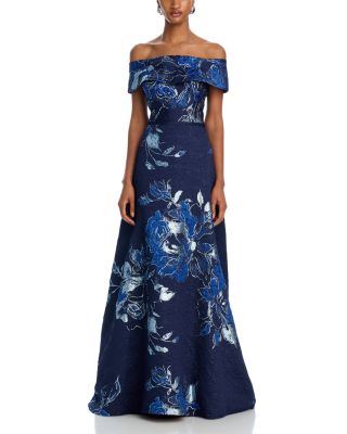 Off-the-Shoulder Metallic Floral Jacquard Gown