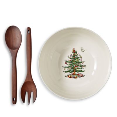 Christmas Tree Polka Dot 10" Serving Bowl & Wooden Servers