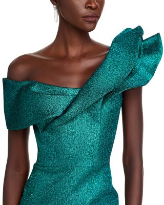 Metallic Jacquard Asymmetrical Ruffle Gown