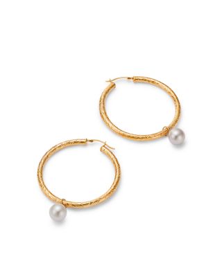 Cultured Freshwater Pearl Textured Medium Hoop Earrings in 14K Yellow Gold