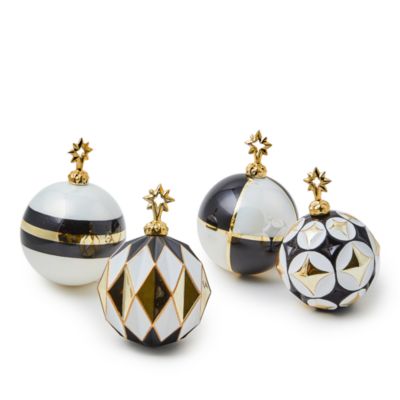 Mackenzie-Childs Black & White Star Glass Ball Ornaments, Set of 4