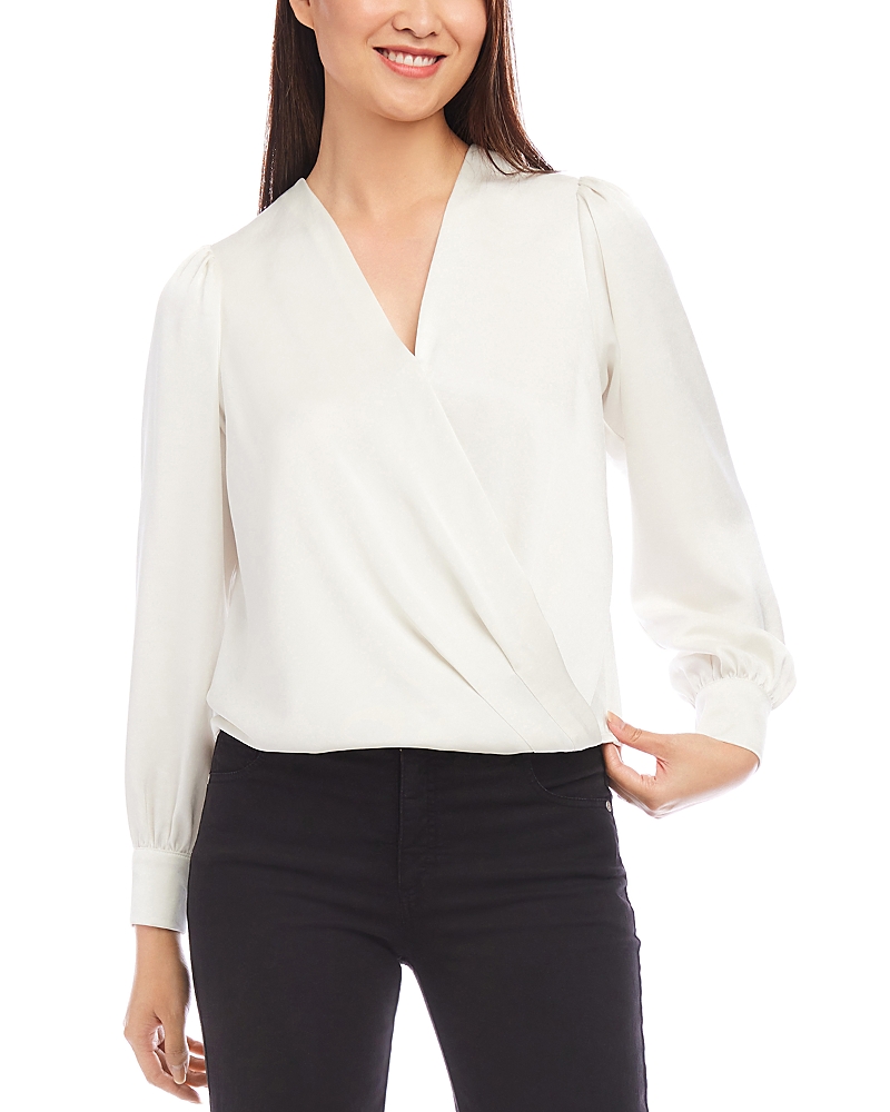 Karen Kane Surplice Drape Front Satin Top In Cream