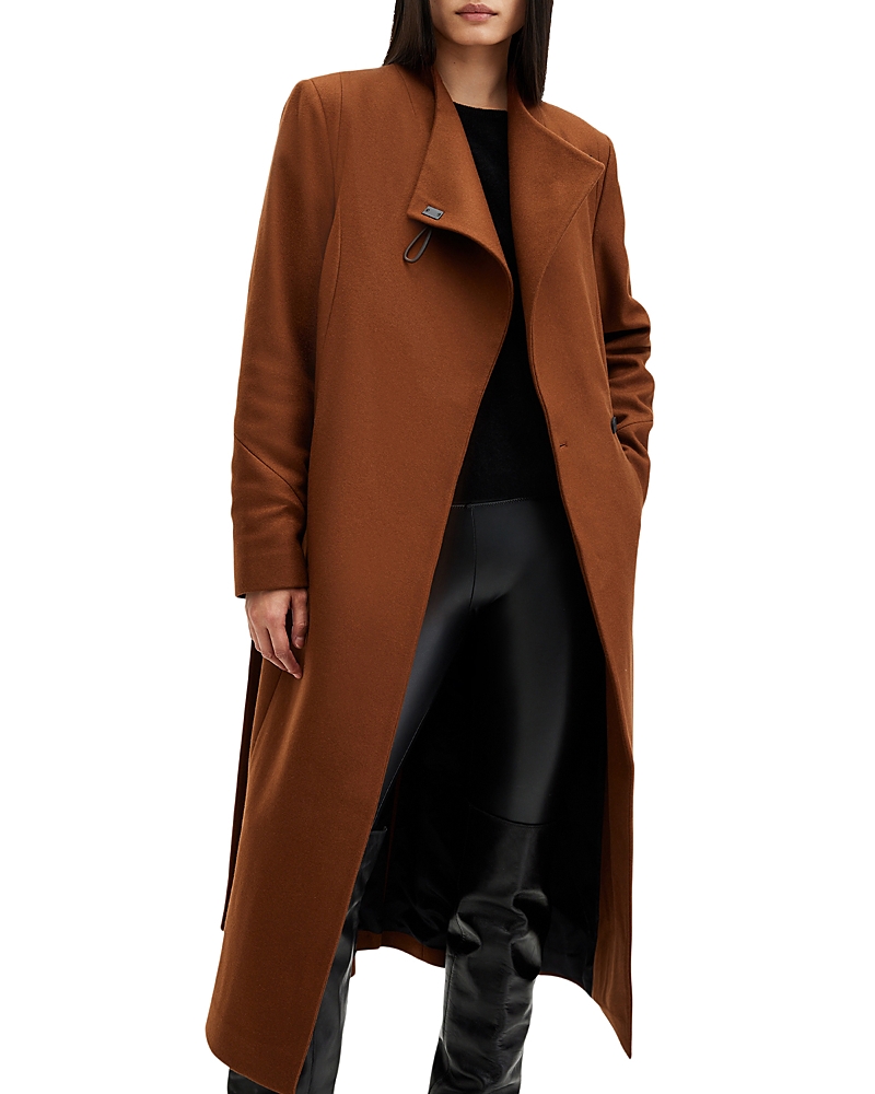 Shop Allsaints Riley Wrap Around Belted Long Line Wool Coat In Sugar Brown