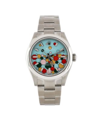Pre-Owned Rolex Oyster Perpetual Turquoise Blue Celebration Motif Automatic Watch in Stainless Steel 31mm
