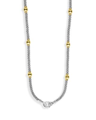 18K Yellow Gold & Sterling Silver Signature Caviar Two Tone Station Necklace, 18"