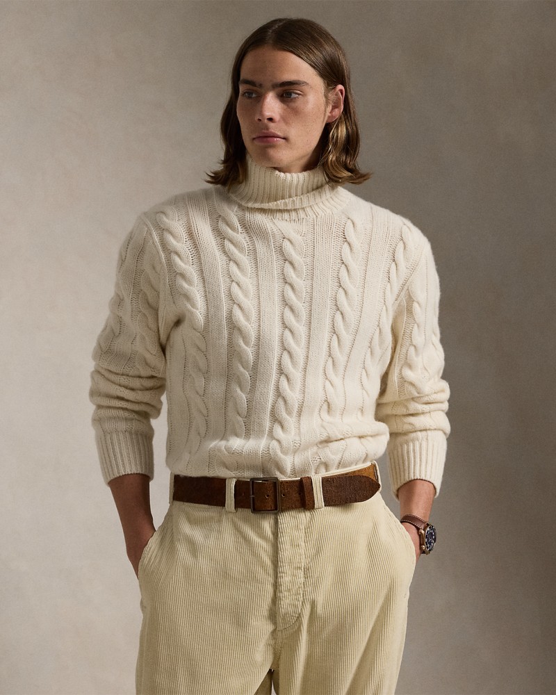 Polo Ralph Lauren Cable Knit Wool Cashmere Turtleneck Sweater in Cream
