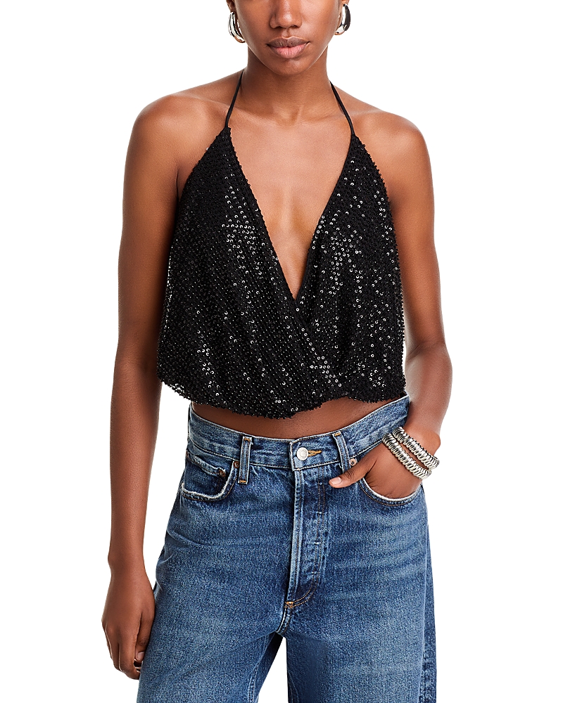 Ramy Brook Sullivan Sequin Halter Tank In Black Beaded Mesh