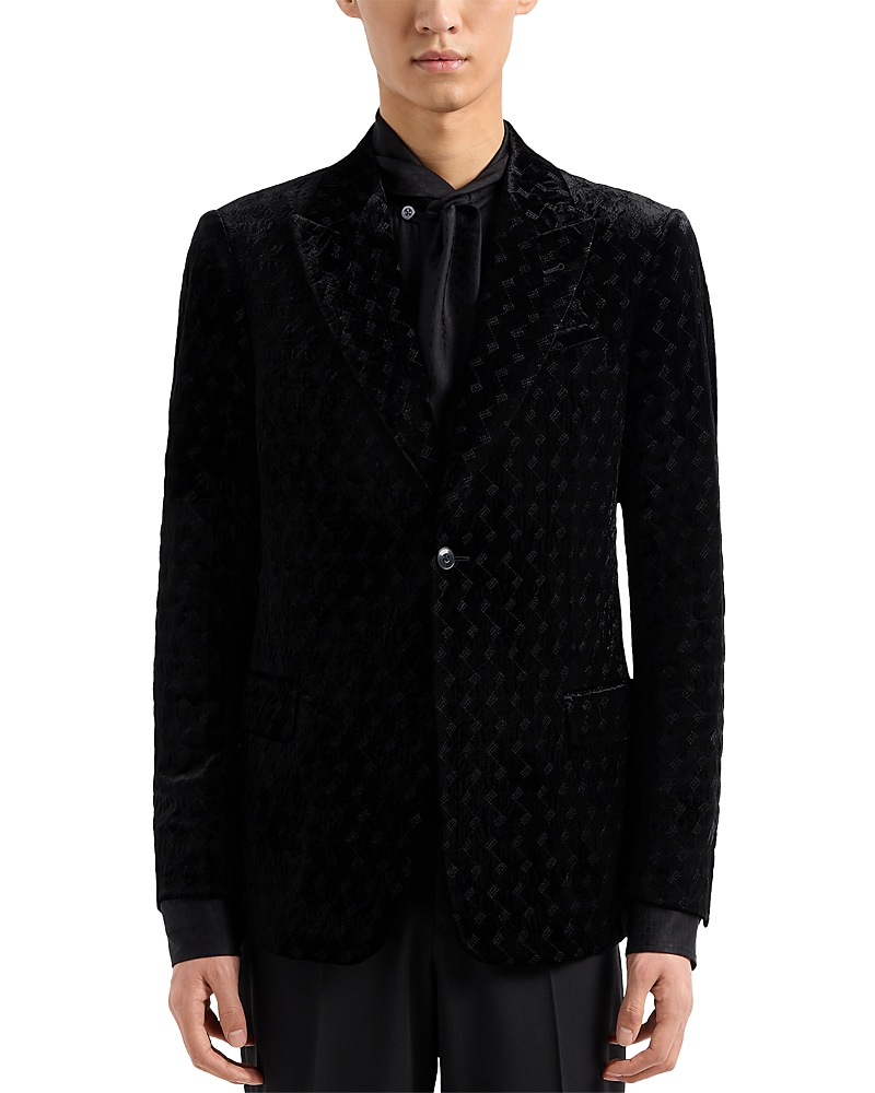 Emporio Armani Peak Lapel Embroidered Motif Velvet Sport Jacket In Solid Black