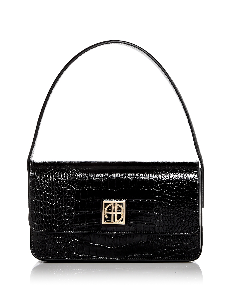 Shop Anine Bing Elly Snake Embossed Leather Shoulder Bag In Black