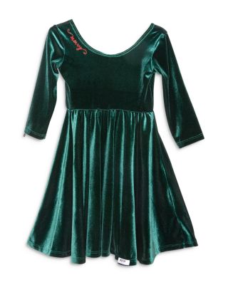 Worthy Threads - Girls' Holiday Twirly Dress in Emerald Stretch Velvet - Little Kid, Big Kid