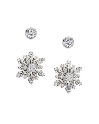 Nadri Cubic Zirconia Solitaire & Snowflake Stud Earrings in Rhodium Plated, Set of 2