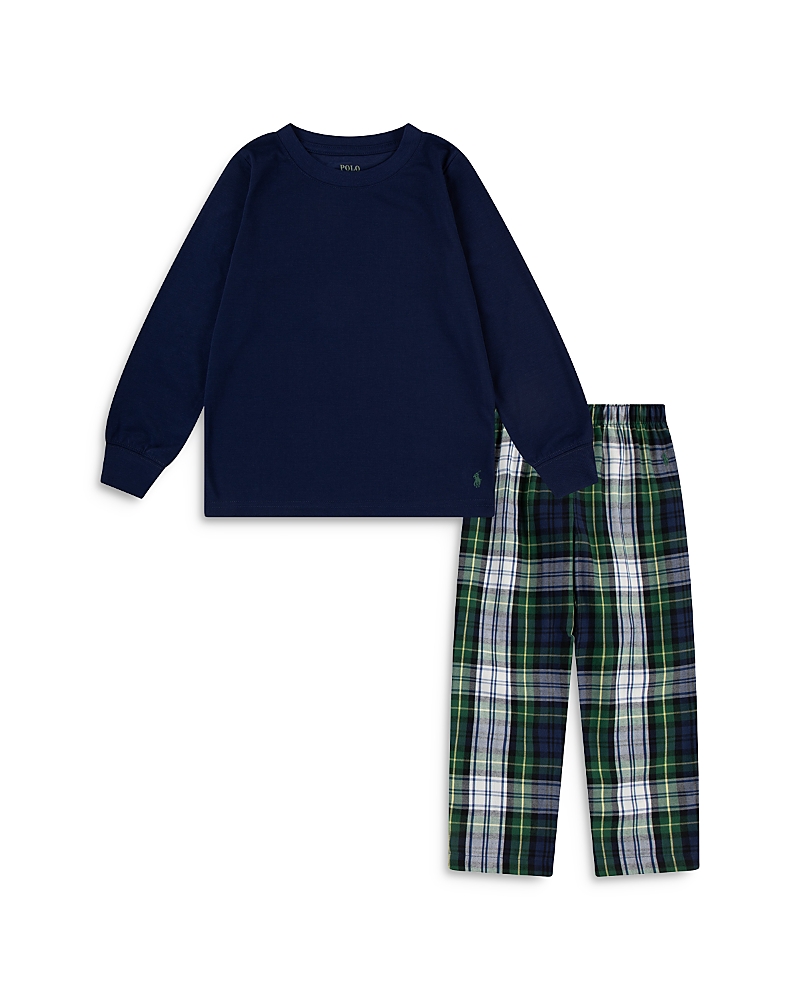Polo Ralph Lauren Long Sleeve Tee And Woven Pants Set - Little Kid In White Gordon Plaid