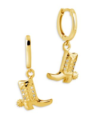 Sterling Forever Pave Cowboy Boot Charm Hoop Earrings in 14K Gold Plated