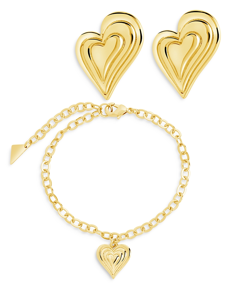 Sterling Forever Beating Hearts Bracelet & Stud Earrings Set In 14k Gold Plated In Gold
