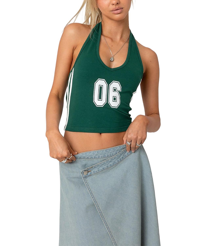 Edikted Varsity Crop Graphic Halter Top In Green