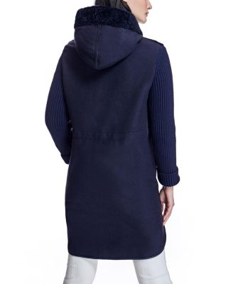 Hooded Shearling Coat with Knit Trim