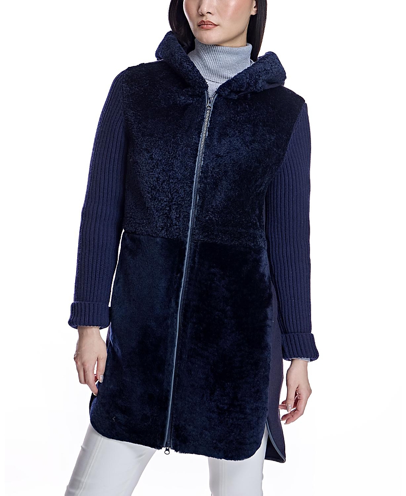 Maximilian Hooded Shearling Coat With Knit Trim In Cosmos Blue