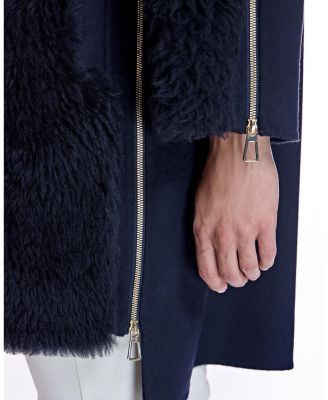 Mixed-Media Shearling Coat With Zipper Trim