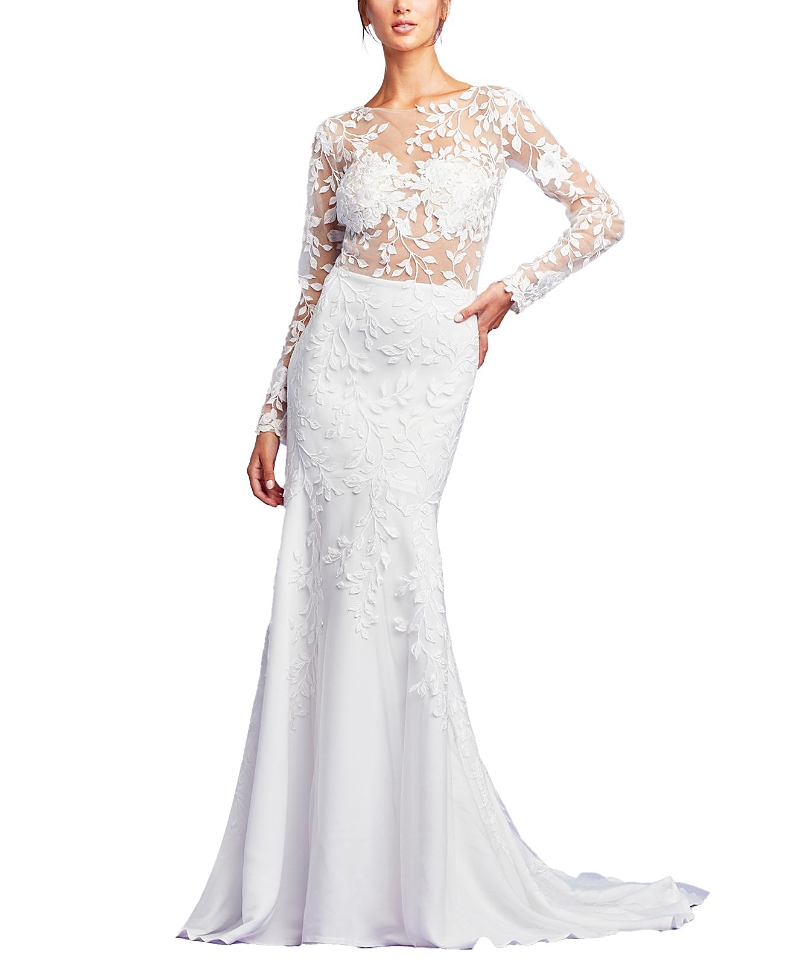Tadashi Shoji Holden Long-sleeve Illusion Gown In Ivory