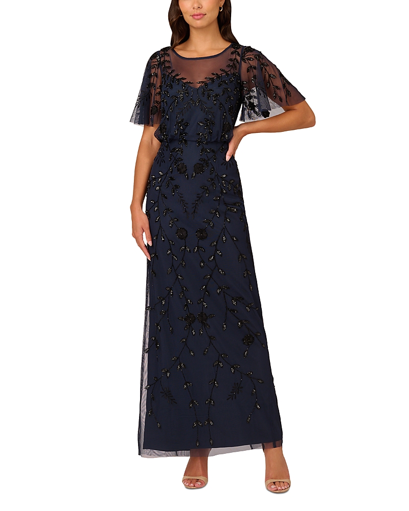 Adrianna Papell Beaded Mesh Blouson Column Gown