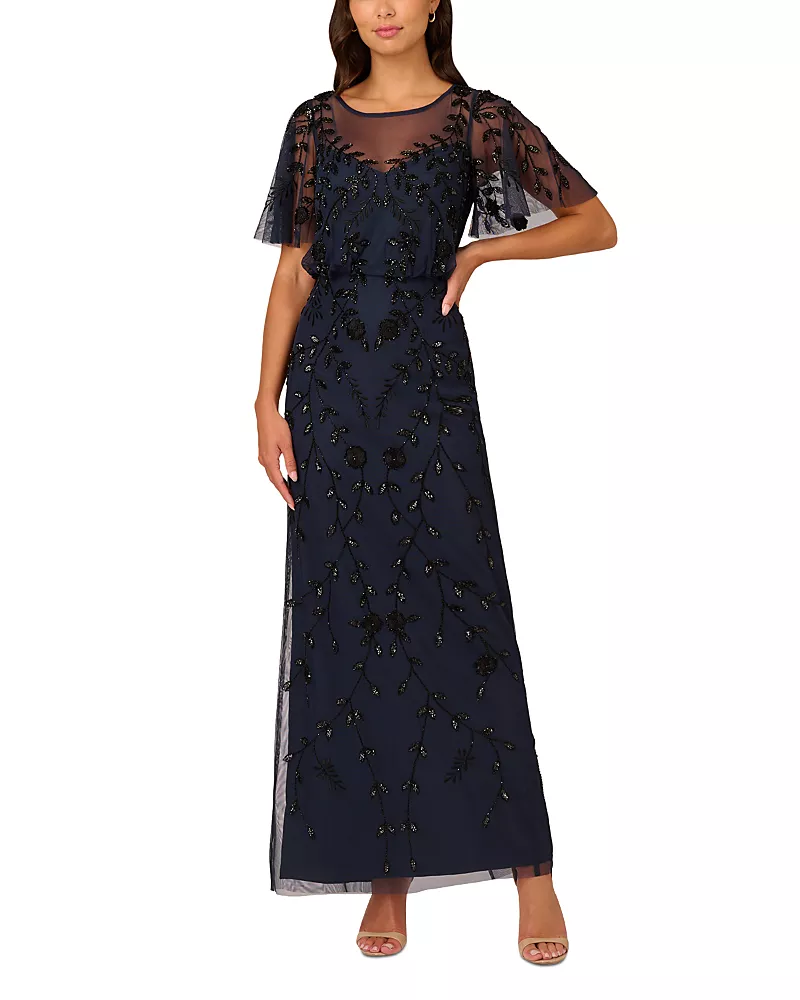 Adrianna Papell Beaded Mesh Blouson Column Gown