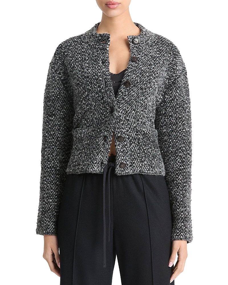 Vince Herringbone Textured Wool Blend Crop Jacket In Black/off White Combo