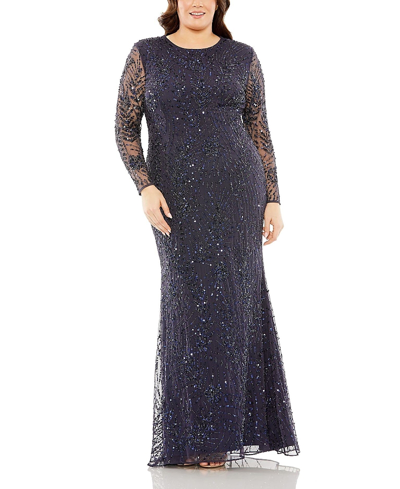 Mac Duggal Long Sleeve Mesh Embellished Gown In Midnight