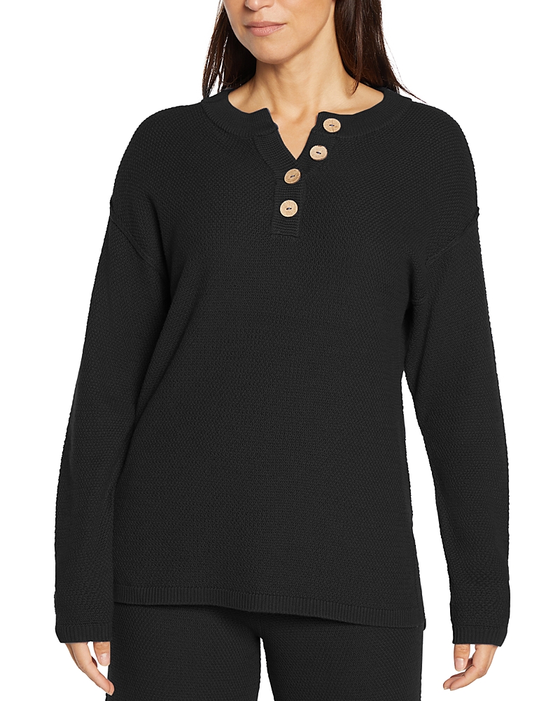 Three Dots Parma Henley Top Womens Ribbed Trim Knit Henley In Black