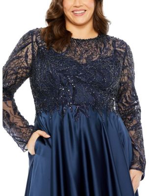  Plus Sheer Long Sleeve Beaded Top Satin Gown