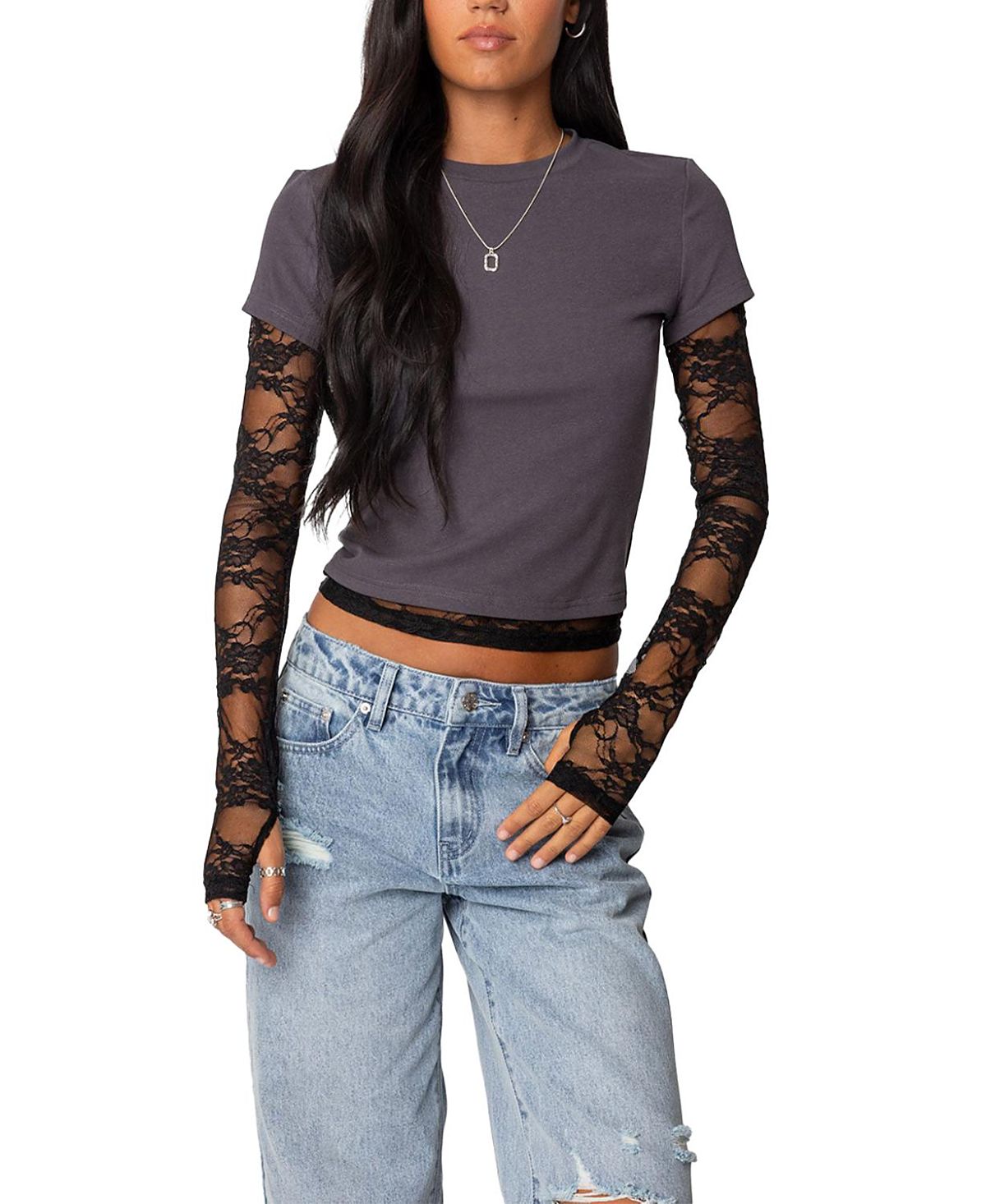 Edikted Layered Lace Sleeve T Shirt