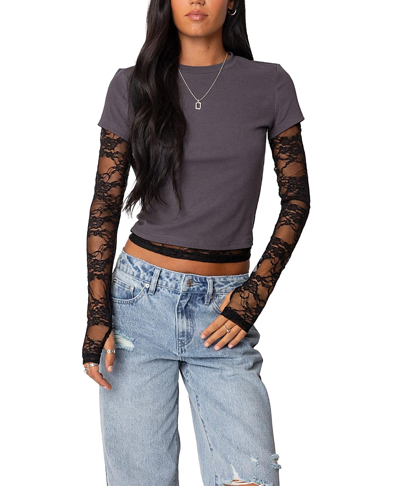 Edikted Layered Lace Sleeve T Shirt