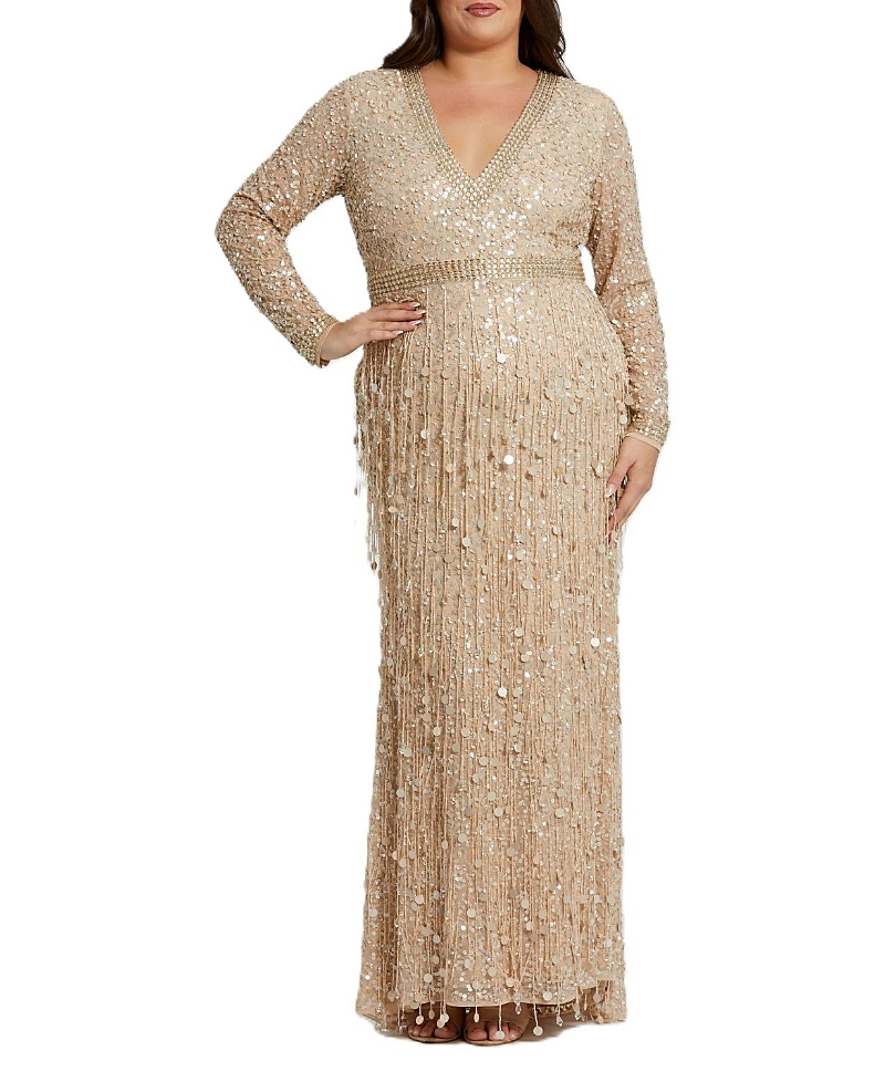 Mac Duggal 94074 Plus Size Fringe Long Sleeve Formal Dress In Nude Gold
