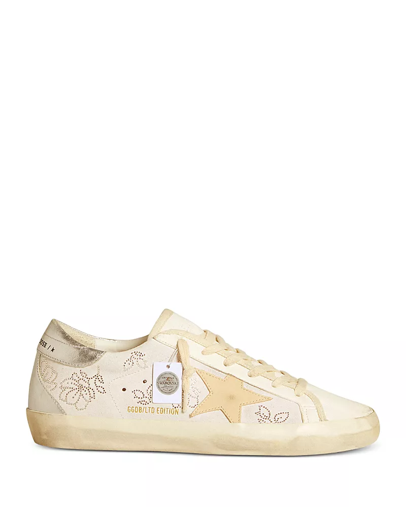 Golden Goose Women's Super Star Almond Toe Star Patch & Crystal Flower Sneakers
