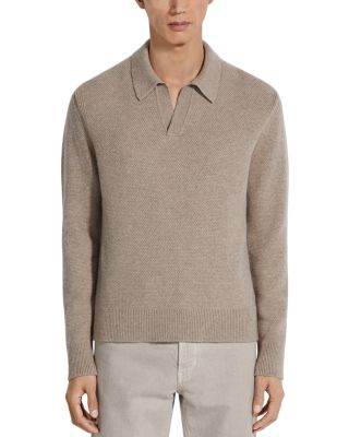Zegna Melange Oasi Cashmere Textured Long Sleeve Polo Shirt