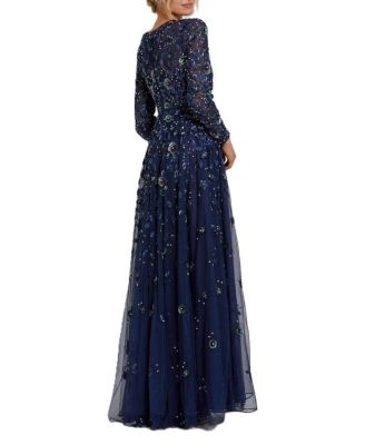  Embellished High Neck Long Sleeve A Line Gown