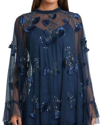 Embellished Long Flare Sleeve Mesh A-Line Dress