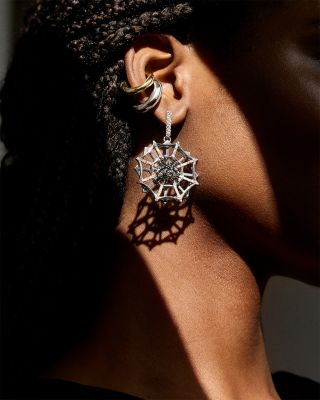 Web Struck Pav&eacute; Spiderweb Drop Earrings in Silver Tone