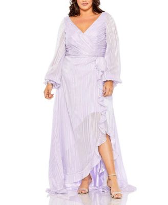 Mac Duggal - Plus Striped Faux Wrap Bishop Sleeve  Gown