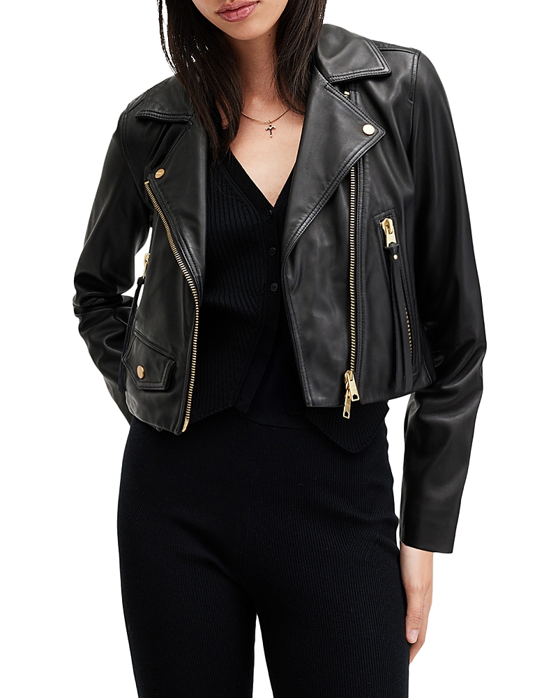Allsaints Elora Cropped Slim Leather Biker Jacket In Black/gold