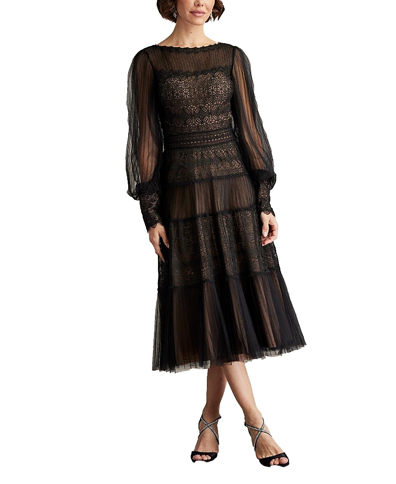 Tadashi Shoji Anaka Pleated Tulle Embroidered Midi Dress