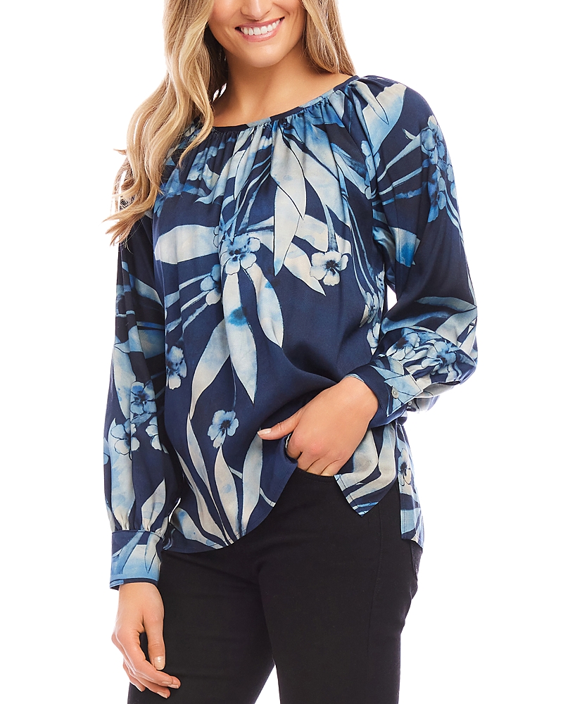 Karen Kane Floral Peasant Top In Blue Print