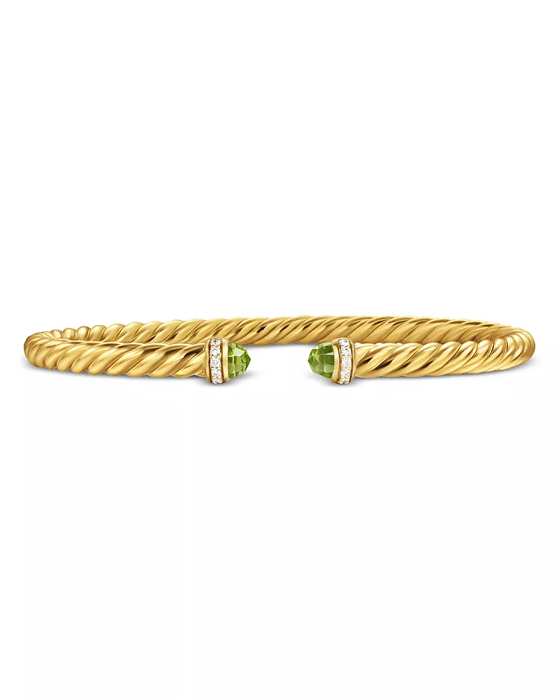 David Yurman Cablespira Flex Bracelet in 18K Yellow Gold with Peridot and Diamonds, 4mm