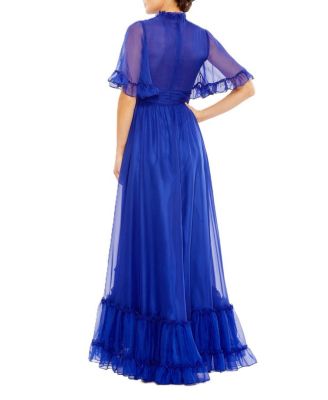 High Neck Flutter Sleeve High Low Hem Gown