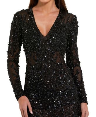 Long Sleeve Sheer Embellished Mini Dress