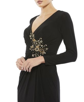 Faux Wrap Long Sleeve Gown w/ Applique Detail