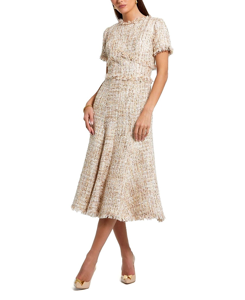 Mac Duggal Boucle Short Sleeve A Line Midi Dress In Blush