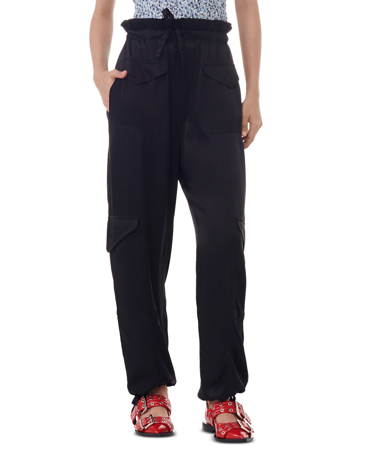 Ganni Washed Satin Pocket Pants in Black