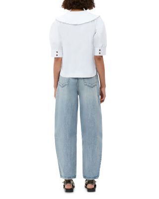 White Cotton Poplin V Neck Ruffle Blouse