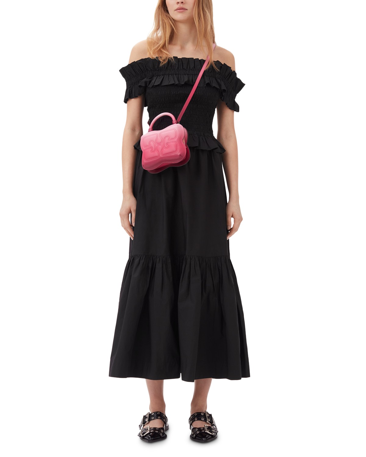 Ganni Cotton Poplin Maxi Flounce Skirt in Black