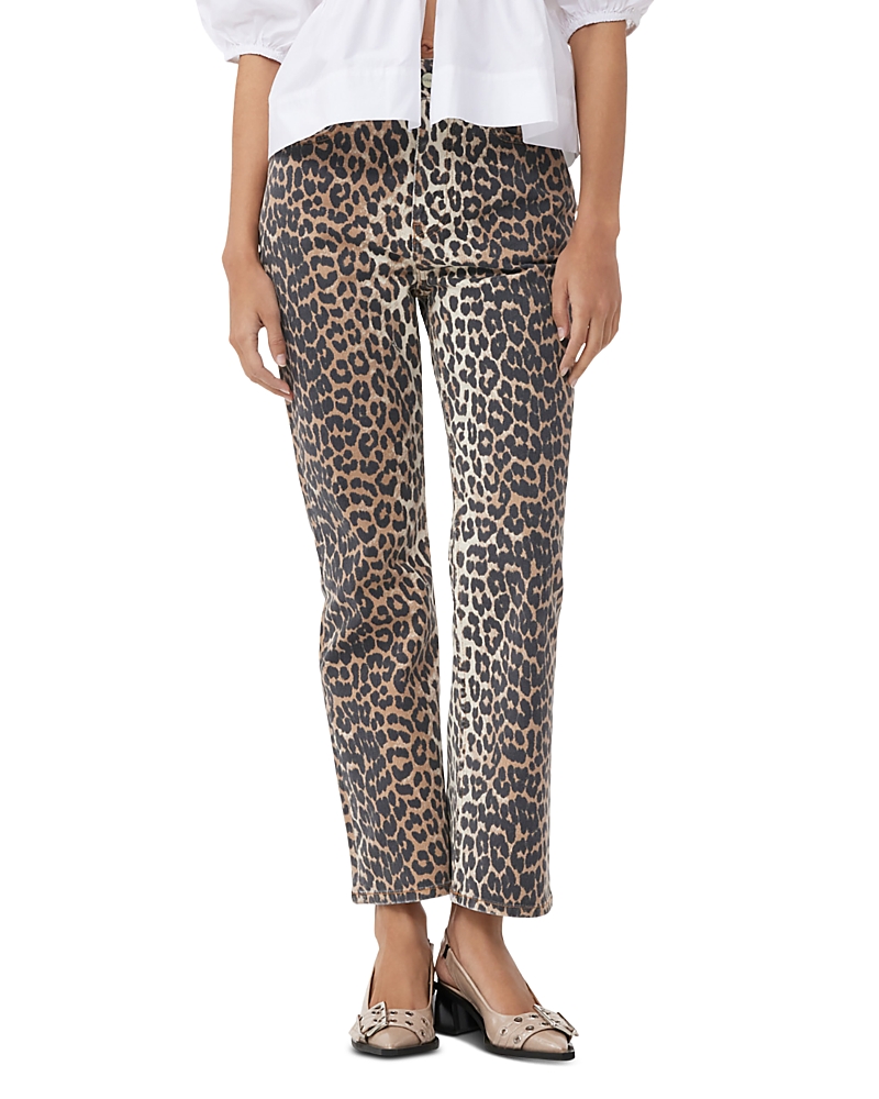 Ganni Wide-leg Animal Print High-rise Jeans With Belt Loops In Gray